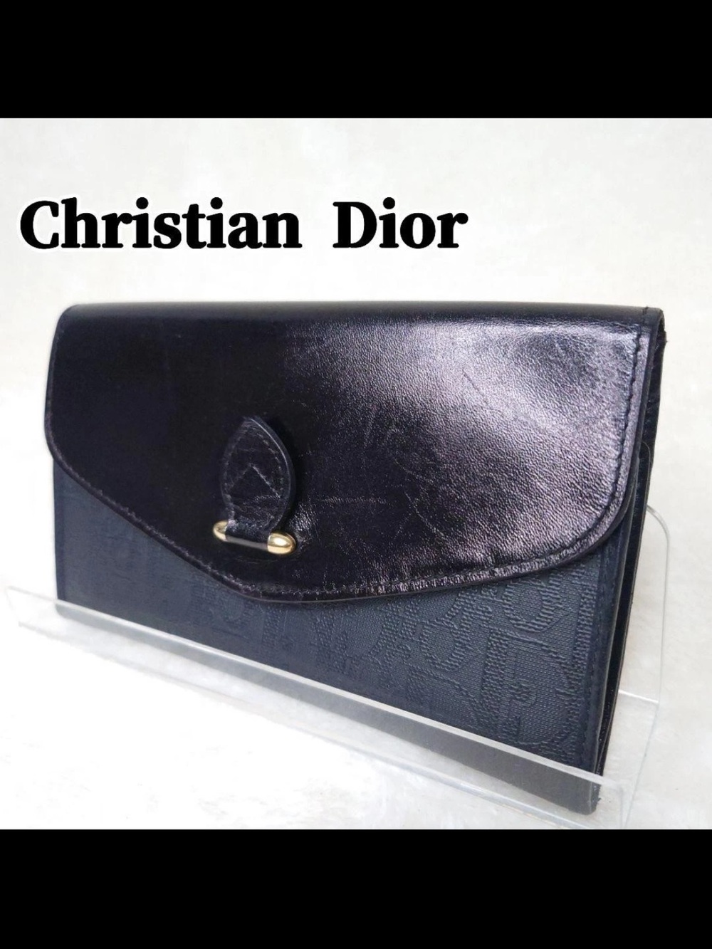 Dior Black Leather & Canvas Clutch Wallet with Gold Accent